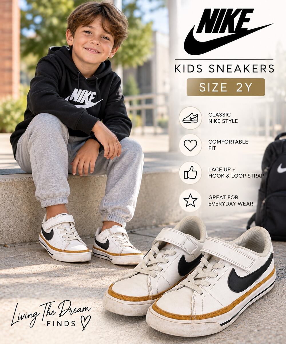 Nike Kids Sneakers Size 2Y White Black Gold Hook Loop Strap Casual Shoes